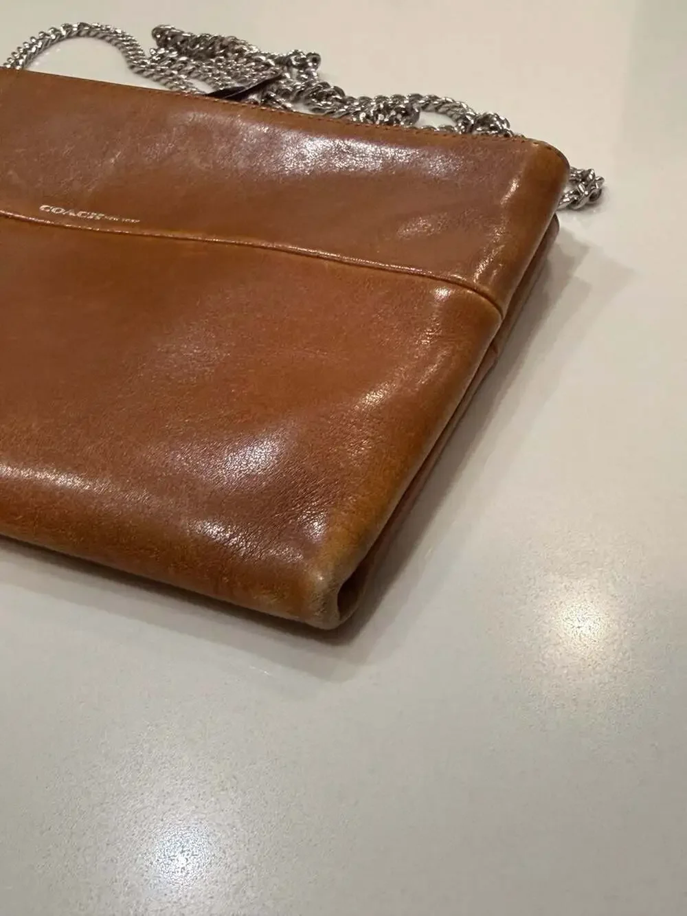 Coach Brown Leather Crossbody Bag Silver Chain